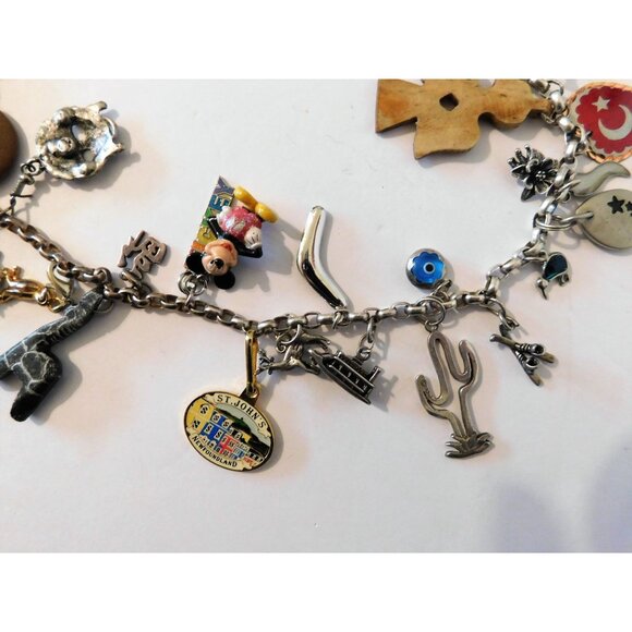 Vintage World Travel Charm Necklace 51 Unique Charms Sterling Silver Mixed Metal - Picture 9 of 15